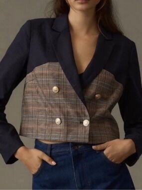 Anthropologie Dolan Cropped Blazer Blue Plaid Linen Blend XS Gold Buttons Preppy